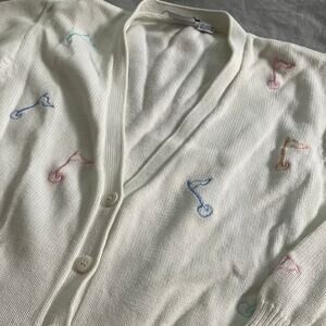 Vtg. Leon Levin Cream Cardigan with Golf Flag Embroidery SZ L